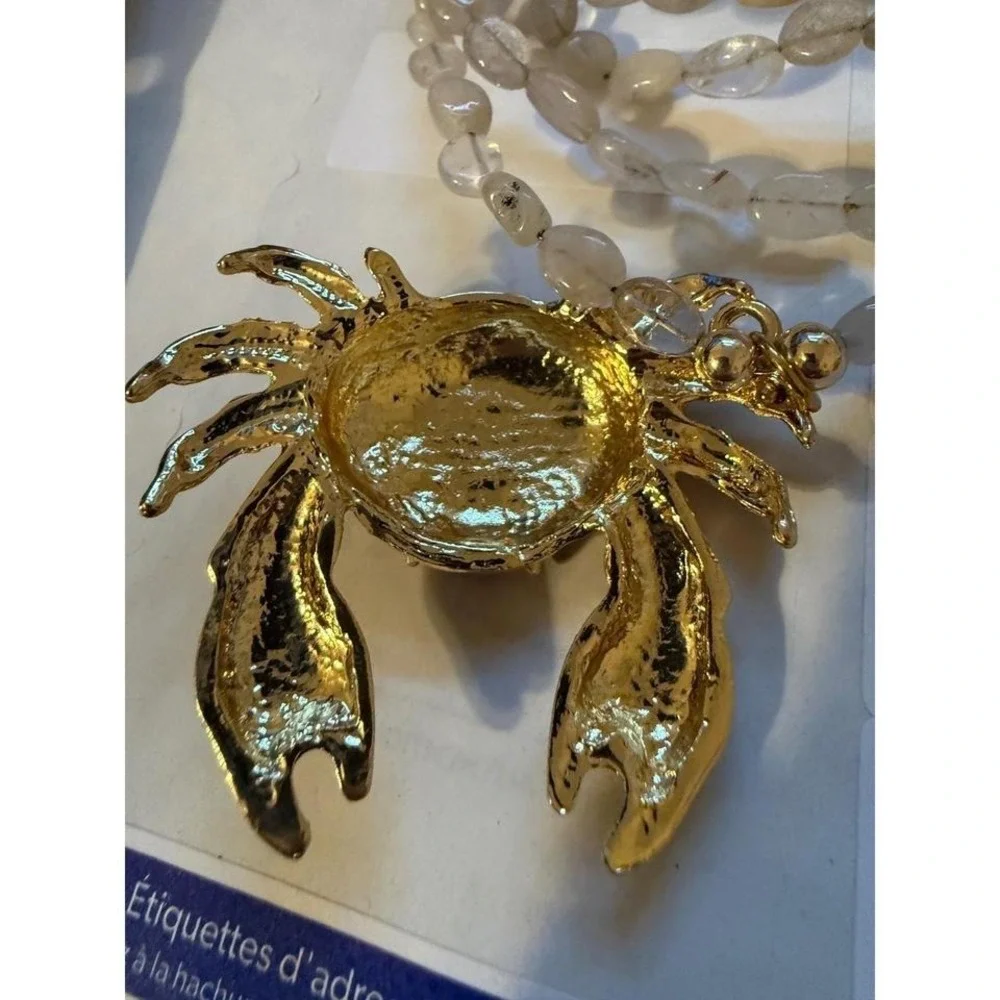 Leopard Print Crab‎ Pendant Multi-Strand Beaded Statement Necklace Gold Tone AB